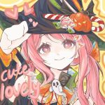  1girl bare_shoulders black_bow black_bowtie black_hat black_shirt black_sleeves bow bowtie candy candy_cane candy_hair_ornament candy_hat_ornament chinese_commentary closed_mouth collar commentary_request detached_collar detached_sleeves dot_nose english_text eyelashes food food-themed_hair_ornament green_collar green_hat hair_bow hair_half_over_shoulder hair_ornament hairclip halloween hand_on_headwear happy hat heart jack-o'-lantern_hat_ornament light_blush lips long_hair long_sleeves looking_at_viewer low_twintails nikki_(nikki) nikki_(series) orange_bow orange_bowtie pink_eyes pink_hair pink_lips prprpr puffy_long_sleeves puffy_sleeves shirt sleeve_cuffs sleeveless sleeveless_shirt smile solo sparkling_eyes twintails two-sided_fabric two-sided_headwear two-tone_bow two-tone_bowtie upper_body witch_hat yellow_background 