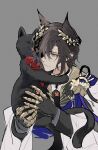  1boy animal animal_ears arknights black_cat black_gloves brown_hair cat cat_boy cat_ears chinese_commentary closed_mouth commentary_request gloves grey_background hair_over_one_eye highres holding holding_animal laurel_crown licking licking_another's_face long_sleeves male_focus miss_christine_(arknights) multiple_tails phantom_(arknights) short_hair simple_background smile tail tongue tongue_out tragodia_(arknights) two_tails upper_body yanchengwachudeneizhixiaozhou yellow_eyes 