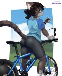 2025 anthro big_butt biking black_bottomwear black_clothing black_hair black_shorts blue_clothing blue_shirt blue_topwear blush bodily_fluids bottle bottomwear brown_body brown_fur butt cat_sona_(mr-shin) clothing container domestic_cat earbuds electronics eye_bags eyewear felid feline felis femboy fur gloves_(marking) grey_body grey_fur hair headphones hi_res inner_ear_fluff looking_at_viewer looking_back male mammal markings mr-shin on_bicycle on_bike pink_inner_ear pink_nose rear_view shirt shorts solo sunglasses sweat tight_clothing topwear tuft water_bottle white_body white_fur white_inner_ear_fluff