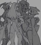  4girls absurdres animal_ears animal_print ass bare_shoulders bat_print bat_wings blush_stickers bone_nigi breasts cat_ears cat_girl chinese_clothes claws commentary_request cowboy_shot darkstalkers demon_girl felicia_(darkstalkers) finger_to_mouth flipped_hair from_behind hat head_wings height_difference highleg highleg_leotard highres hsien-ko jiangshi leotard lilith_(darkstalkers) long_hair long_sleeves looking_at_another medium_breasts medium_hair monochrome morrigan_aensland multiple_girls ofuda pantyhose print_pantyhose qingdai_guanmao short_hair wide_sleeves wings 