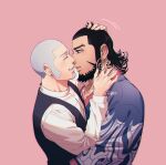  2boys black_hair black_vest blue_eyes buzz_cut collarbone commentary_request earrings foxvulpine golden_kamuy grey_hair hand_on_another's_head imminent_kiss jewelry kiroranke long_sleeves male_focus mature_male multiple_boys pink_background shiraishi_yoshitake shirt short_hair simple_background upper_body very_short_hair vest white_shirt yaoi 