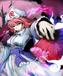  black_eyes bow cherry_blossoms cherry_tree commentary empty_eyes enaswaifu foreshortening ghost hand_fan hat highres holding holding_fan japanese_clothes kimono magic pink_hair rainbow ribbon saigyouji_yuyuko touhou 