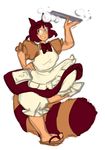  abstract_cactus adapted_costume animal_ears apron bad_id bad_pixiv_id bloomers bow brown_eyes brown_hair futatsuiwa_mamizou glasses hand_on_hip maid raccoon_ears raccoon_tail sketch smile tail touhou tray underwear 
