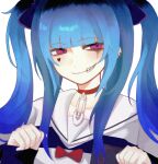  1girl amemiya_darumi black_hair blue_bow blue_hair blue_shirt bow bowtie chin_piercing chinese_commentary choker closed_mouth commentary_request earclip face_piercing facepaint facial_mark film_grain hair_bow hands_up heart heart_facial_mark long_hair long_sleeves multicolored_hair piercing pink_eyes red_bow red_bowtie red_choker roots_(hair) safety_pin sailor_collar sailor_shirt shirt simple_background sleeves_past_wrists smile solo striped_clothes striped_shirt the_hundred_line_-last_defense_academy- twintails two-tone_hair two-tone_shirt upper_body white_background white_shirt yorumi_(axiaoai64906) 