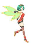  bike_shorts blue_eyes boots elbow_gloves fairy fairy_wings fingerless_gloves gloves goggles goggles_on_head green_hair green_wings looking_back original otoi_rekomaru outstretched_arms short_hair smile solo spread_arms thighhighs wings 