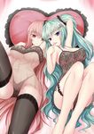  arm_up armpits blue_eyes breasts candy covered_nipples food green_hair hatsune_miku highres large_breasts licking lollipop long_hair lying megurine_luka multiple_girls nipples no_bra on_back panties see-through thighhighs twintails underwear very_long_hair vocaloid zheyi_parker 