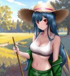  1girl absurdres alternate_costume axelsworks azur_lane blue_hair breasts cleavage collarbone commentary_request day green_jacket green_shorts hat highres jacket large_breasts long_hair looking_at_viewer marco_polo_(azur_lane) midriff navel open_clothes open_jacket outdoors red_eyes shorts solo sports_bra straw_hat sweat tree white_sports_bra 