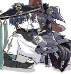  1boy 1girl aqua_eyes aqua_kimono aqua_sleeves arm_support armor black_bodysuit black_bow black_bridal_gauntlets black_choker black_eyes black_hair black_hat black_ribbon black_shorts blunt_ends bodysuit bow breast_press breasts bridal_gauntlets brooch cape choker cleavage clenched_hand commentary crescent crescent_hat_ornament curtained_hair earrings elbow_gloves english_commentary eye_contact eyelashes from_side fur_collar genshin_impact girl_on_top gloves gold gold_earrings grey_hair hair_bow hakama hakama_shorts hand_on_another's_chest hat hat_ornament hat_ribbon hetero highres japanese_armor japanese_clothes jewelry jingasa juban kacchan_09 kimono kote kurokote layered_sleeves leotard long_hair long_sleeves looking_at_another medium_breasts mona_(genshin_impact) open_mouth pleated_shorts purple_cape purple_gloves purple_hat purple_leotard purple_sleeves red_hat ribbon scaramouche_(genshin_impact) short_sleeves shorts sidelocks single_hair_intake star_(symbol) star_brooch star_choker star_earrings star_hat_ornament swept_bangs tareme teeth tsurime turtleneck turtleneck_bodysuit twintails two-sided_fabric two-sided_headwear upper_teeth_only wanderer_(genshin_impact) white_background white_kimono white_sleeves witch_hat 