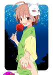  1boy absurdres aerial_fireworks ahoge border brown_eyes brown_hair candy_apple cat_mask fireworks food green_shirt highres holding holding_candy_apple holding_food holding_hands japanese_clothes jinbei_(clothes) looking_at_viewer male_focus mask mask_on_head night open_mouth original outdoors outside_border pikachurin0214 pov pov_hands shirt short_hair smile summer_festival upper_body white_border 