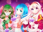  3girls arcelle black_gloves blonde_hair blue_eyes blue_hair bow bowtie breasts brown_shirt cleavage closed_mouth commentary crop_top dress drinking_straw drinking_straw_in_mouth english_commentary fur-trimmed_gloves fur-trimmed_shirt fur_trim gloves grape_juice green_bow green_bowtie green_hair green_shirt hair_tubes high_priest_(ragnarok_online) highres juice juliet_sleeves long_hair long_sleeves looking_at_viewer mask medium_breasts midriff mouth_mask multiple_girls navel puffy_sleeves purple_background purple_eyes ragnarok_online red_dress sash shirt smile sniper_(ragnarok_online) soul_linker_(ragnarok_online) two-tone_dress two-tone_shirt upper_body white_dress white_hair white_sash yellow_eyes 