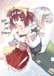 2girls artist_name atelier_(series) atelier_sophie book commentary_request green_eyes happy_anniversary headscarf highres kaaaaatan193 looking_at_viewer multiple_girls open_mouth plachta red_hair red_skirt simple_background skirt sophie_neuenmuller white_hair yellow_headscarf 
