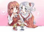  ! 2girls bai_he blush bow braid breasts capelet dress figure grey_eyes hair_bobbles hair_ornament heart kitashirakawa_chiyuri long_hair long_sleeves multiple_girls nail_polish name_tag okazaki_yumemi one_side_up open_mouth red_capelet red_dress red_eyes red_hair red_nails shinki_(touhou) shirt short_hair skirt smile speech_bubble touhou touhou_(pc-98) vest white_hair white_shirt yumeko_(touhou) 