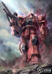  card_(medium) clenched_hand commentary_request company_name copyright_logo copyright_name copyright_notice gundam gundam_card_game holding holding_weapon logo mecha mecha_focus mobile_suit mobile_suit_gundam no_humans official_art one-eyed red_eyes robot science_fiction shoulder_spikes solo spikes tei-o weapon zaku_ii_s_char_custom zeon 