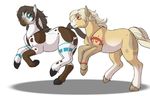  ambiguous_gender anuvia blue_eyes braided_hair brown_fur equine eye_contact feral fur hooves horse looking_back mammal markings plain_background pony white_background white_fur yellow_eyes 