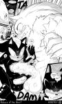  3:5 abs absurd_res anthro aroused aroused_face balls big_balls big_nose big_penis black_and_white black_nose blush blush_lines breath chest_tuft claws comic dialogue duo ear_blush english_text eulipotyphlan fangs fluffy fluffy_chest genitals hedgehog hi_res huge_penis krazyelf larger_male looking_at_genitalia looking_at_penis male male/male mammal mesmerized monochrome muscular muscular_anthro muscular_arms muscular_male penile_spines penis quills_(anatomy) sega shadow_the_hedgehog sharp_teeth shoving size_difference sonic_the_hedgehog_(series) sonic_the_werehog sonic_unleashed speech_bubble teeth text tuft vein veiny_penis werecreature wereeulipotyphlan werehog 