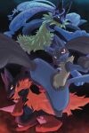  3others absurdres black_fur blue_eyes blue_fur body_fur fangs furry highres kicking looking_at_viewer lucario mega_lucario mega_lucario_z mega_pokemon multicolored_fur multiple_others open_mouth pokemon pokemon_(creature) pokemon_focus pokemon_legends:_z-a red_eyes riotono_0643 spikes tail yellow_fur 