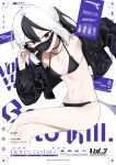  1girl adjusting_eyewear bikini black_bikini black_hair black_jacket blue_archive breasts choker cleavage collarbone comiket_104 cover cover_page cropped_legs crossed_legs doujin_cover earclip english_text fataaa gun handgun highres jacket jewelry kayoko_(blue_archive) long_sleeves looking_at_viewer lorem_ipsum low_wings medium_hair mole mole_on_neck multicolored_hair navel necklace open_clothes open_jacket red_eyes ring sidelocks single_wing small_breasts solo sunglasses swimsuit weapon white_hair wings 