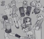  6+girls absurdres ahoge aioi_yuuko annaka_haruna arms_up bandana bone_nigi cat character_request check_character closed_mouth commentary_request double-parted_bangs flying_sweatdrops glasses greyscale hair_between_eyes highres lab_coat loafers long_hair long_sleeves minakami_mai monochrome multiple_girls naganohara_mio nichijou one_eye_closed open_mouth pleated_skirt professor_shinonome sakamoto_(nichijou) sakurai_izumi school_uniform semi-rimless_eyewear shinonome_nano shoes short_hair short_twintails simple_background skirt socks speech_bubble tachibana_misato thought_bubble thumbs_up tokisadame_school_uniform twintails under-rim_eyewear 