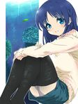  black_legwear blue_eyes blue_hair coral denim denim_skirt hiradaira_chisaki long_hair moyamu nagi_no_asukara skirt solo sweater thighhighs 