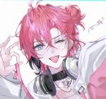  1boy ;p ahoge akagi_wen black_hair blue_eyes blush choker chromatic_aberration commentary_request dinosaur earrings hair_bun headphones headphones_around_neck highres jacket jewelry kokuto_(bsmilk) looking_at_viewer male_focus multicolored_hair multicolored_jacket multiple_earrings nijisanji one_eye_closed pink_hair pink_jacket portrait short_hair simple_background single_hair_bun solo star_(symbol) streaked_hair teeth tongue tongue_out two-tone_jacket upper_body upper_teeth_only virtual_youtuber white_background white_jacket 