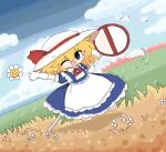  1girl apron bird blonde_hair blue_dress commentary_request dress field flower ghost gloves hat hat_ribbon holding_road_sign kana_anaberal kuuinusuki red_ribbon ribbon road_sign short_hair short_sleeves sign smile solo sun_hat touhou touhou_(pc-98) white_apron white_gloves white_hat yellow_eyes 
