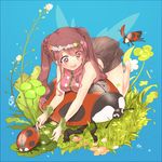  barefoot blue_background breasts brown_hair bug chinese_clothes clover flower four-leaf_clover grass hair_flower hair_ornament insect komayasu_(kinbakun) ladybug medium_breasts original pink_eyes shepherd's-purse skirt smile solo transparent twintails wings 