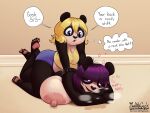 2025 4:3 5_fingers 5_toes absurd_res anthro anthro_on_anthro areola back_massage bangs barefoot bear belladonna_(mightycock) belly big_breasts black_body black_claws black_ears black_fur black_nose black_text blonde_hair blue_bottomwear blue_clothing blue_eyes blue_shorts bob_cut bottomwear breast_size_difference breasts breath claws clothed clothed_anthro clothed_female clothing crossed_arms dialogue duo english_text eyelashes feet female female/female female_anthro fingers fur giant_panda hair heart_eyes heart_symbol hi_res hotpants huge_breasts humanoid_hands incest_(lore) inner_monologue intraspecies leaning leaning_forward looking_pleasured lying mammal marigold_(mightycock) massage midriff mightycock moan multicolored_body multicolored_fur nipple_dip nipples nude nude_anthro nude_female on_front open_mouth pawpads pink_areola pink_nipples pink_pawpads pink_text pink_tongue pupils purple_hair round_ears shirt shorts sibling_(lore) signature sister_(lore) sisters_(lore) sitting sitting_on_back slightly_chubby slightly_chubby_anthro slightly_chubby_female speech_bubble straddling talking_to_another tank_top text thinking thought_bubble toe_claws toes tongue topwear twins_(lore) two_tone_body two_tone_fur url white_body white_fur yellow_clothing yellow_shirt yellow_tank_top yellow_topwear