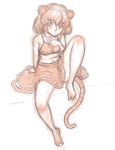  animal_ears barefoot blush bra collarbone full_body gem highres jewelry kuro_suto_sukii leg_up looking_at_viewer midriff mouse_ears mouse_tail navel nazrin necklace no_shirt pendant simple_background sketch skirt solo tail touhou underwear white_background 