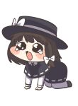  1girl all_fours asymmetrical_hair black_capelet black_hat black_shoes black_skirt blush bow bowtie brown_eyes brown_hair capelet chibi full_body hair_bow hat hat_bow highres kneeling kz_m_i long_sleeves medium_hair open_mouth parody ribbon-trimmed_capelet ribbon_trim shirt shoes simple_background skirt solo style_parody tearing_up touhou trickcal usami_renko wavy_eyes white_background white_bow white_shirt 