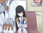  1girl bad_id bad_pixiv_id black_hair closed_eyes crossed_arms dark_skin epaulettes gamagoori_ira junketsu kill_la_kill kiryuuin_satsuki long_hair needle_(needlebomb) nervous school_uniform sitting sleeping solo_focus sweat train_interior 