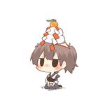  black_eyes blush brown_hair chibi food fruit kaga_(kantai_collection) kagami_mochi kantai_collection lowres mandarin_orange muneate object_on_head orange rebecca_(keinelove) short_hair side_ponytail sitting solo 