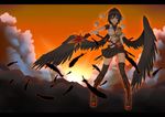  belt bird_wings black_hair black_legwear black_wings boots cloud cross-laced_footwear fan feathers gmot hat hat_ribbon katana looking_at_viewer red_eyes ribbon shameimaru_aya shirt skirt solo sunset sword thighhighs tokin_hat touhou weapon wings zettai_ryouiki 