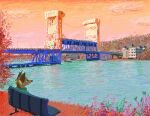2019 amazing_background anthro bench bridge brown_body brown_fur building canid canine canis clothing cloud coyote demensa detailed detailed_background digital_media_(artwork) fur grass green_clothing green_shirt green_topwear male mammal orange_sky outside pixel_(artwork) plant shirt sitting sky smile solo topwear water