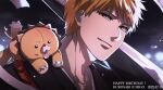  1046sstep_btoh 2boys bleach brown_eyes character_name commentary_request dated happy_birthday kon_(bleach) kurosaki_ichigo male_focus multiple_boys orange_hair signature stuffed_animal stuffed_lion stuffed_toy sword weapon 