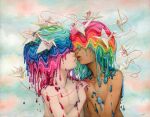  2boys aqua_hair bare_pectorals bisexual_flag blue_hair camilla_d'errico cloud cloudy_sky commentary covered_eyes dark-skinned_male dark_skin dripping hair_over_eyes holding_hands imminent_kiss lips male_focus multicolored_hair multiple_boys no_nipples nose nude open_mouth origami original paper_crane pectorals pink_hair rainbow_flag rainbow_hair sky string string_of_fate surreal yaoi 