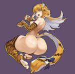  1girl absurdres animal_ear_fluff animal_ears ass blonde_hair breasts colored_inner_hair feet fingerless_gloves from_behind gloves green_eyes highres huge_ass ju_fufu long_hair looking_at_viewer looking_back medium_breasts multicolored_hair nail_polish nezo nipples nude open_mouth shiny_skin simple_background smile solo striped_fur striped_hair sweat tail thick_thighs thighs tiger_ears tiger_girl tiger_stripes tiger_tail toes white_hair wide_hips zenless_zone_zero 