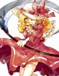  1girl bai_he blonde_hair bow breasts commentary_request dress elly_(touhou) food fruit hair_over_one_eye hat highres holding holding_food holding_fruit holding_scythe long_sleeves looking_at_viewer medium_hair open_mouth pantyhose red_dress ribbon ribbon-trimmed_hat scythe smile solo touhou touhou_(pc-98) white_hat white_pantyhose yellow_eyes 