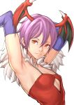  1girl absurdres armpits arms_behind_back arms_up breasts commentary darkstalkers fur-trimmed_collar fur_trim hair_between_eyes head_wings highres leotard lilith_(darkstalkers) looking_at_viewer parted_lips purple_hair red_eyes red_leotard short_hair simple_background small_breasts solo upper_body white_background wings zerosentakuki 