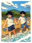  1boy 1girl beach beach_umbrella black_eyes black_hair black_shorts blue_pants blue_sky blush bright_pupils commentary_request day denim flip-flops highres holding_sock jeans korean_commentary open_mouth original outdoors pants sandals short_hair shorts sihyun25 sky smile socks sweatdrop tree umbrella unworn_socks water white_pupils white_socks 