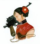  absurdres black_hair earrings flower gun hair_flower hair_ornament hair_tied_together handgun highres jewelry manchukuo mauser_c96 nijiiro_no_trotsky non-web_source traditional_dress weapon yasuhiko_yoshikazu 