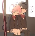  2girls akemi_homura black_hair blazer bow dress_shirt face_down hair_ribbon hairband jacket kaname_madoka mahou_shoujo_madoka_magica multiple_girls pantyhose quiver ribbon samidare school_uniform shirt side-by-side sitting skirt sleeping sleeping_upright twintails yuri 