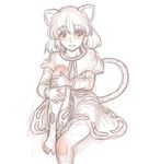  animal_ears barefoot blush capelet dress highres jewelry jewelry_removed kuro_suto_sukii leg_hug looking_at_viewer mouse_ears mouse_tail nazrin necklace necklace_removed simple_background sketch smile solo tail touhou white_background 