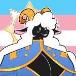 2025 2_horns angel anthro aureola big_breasts black_body black_skin blush bovid breasts caprine cheri_(idolomantises) cherub cleavage cleavage_cutout clothed clothing cutout digital_media_(artwork) eyelashes female fur hair halo hi_res horn idolomantises lgbt_pride mammal portrait pride_colors sheep smile snout solo topwear trans_(lore) trans_woman_(lore) transgender_pride_colors white_body white_fur white_hair white_wool wool_(fur) wool_hair