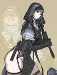 2girls ass black_capelet black_gloves black_hood bow_(bhp) capelet dress elden_ring elden_ring_nightreign garter_straps gloves holding holding_weapon jewelry mace multiple_girls nun revenant_(elden_ring) undertaker_(elden_ring) weapon white_coif 