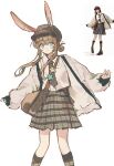  2girls amiya_(arknights) animal_ear_fluff animal_ears arknights bag black_hat black_necktie blue_eyes brown_hair brown_skirt closed_mouth collared_shirt dr_janglong dress_shirt ears_through_headwear feet_out_of_frame hair_bun hat jacket long_hair long_sleeves multiple_girls necktie newsboy_cap open_clothes open_jacket plaid_clothes plaid_skirt plaid_socks puffy_long_sleeves puffy_sleeves rabbit_ears reference_inset shirt shoulder_bag simple_background single_side_bun skirt sleeves_past_wrists smile socks standing striped_clothes vertical-striped_clothes vertical-striped_necktie very_long_hair white_background white_jacket white_shirt 