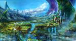  absurdres bug castle cloud creature dated day field highres insect landscape original river scenery signature sky smoke solo spacesuit spire steampunk ufo water waterfall yk_(yk109) 