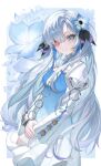 1girl absurdres anemone_(flower) blue_dress blue_streaks closed_mouth commentary_request dress floral_background flower gradient_clothes gradient_dress grey_eyes hair_flower hair_ornament hand_on_own_wrist heterochromia highres isekaijoucho juliet_sleeves kamitsubaki_studio long_hair long_sleeves looking_at_viewer mismatched_pupils multicolored_hair o-ring ohjjo parted_bangs puffy_sleeves red_eyes shrug_(clothing) sidelocks smile solo streaked_hair thick_eyelashes very_long_hair virtual_youtuber white_background white_dress white_flower white_hair white_shrug 