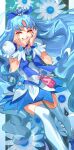  1girl absurdres blue_choker blue_hair blue_skirt blue_theme blue_wrist_cuffs brooch choker closed_eyes commentary_request cowboy_shot cure_marine flower hair_ornament heart heart_brooch heartcatch_precure! highres jewelry kurumi_erika long_hair magical_girl n-bata pouch precure skirt smile thighhighs white_thighhighs wrist_cuffs 