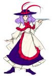  abstract_cactus adapted_costume apron bad_id bad_pixiv_id capelet hat hat_ribbon maid nagae_iku purple_hair red_eyes ribbon sketch smile touhou tray 