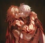  2boys absurdres antenna_hair arm_tattoo armlet armor black_choker black_coat black_gloves black_shirt blonde_hair braid cape choker closed_eyes coat commentary english_commentary facial_tattoo fingerless_gloves gloves gothcowboyz gradient_hair highres honkai:_star_rail honkai_(series) jewelry male_focus medium_hair multicolored_hair multiple_boys mydei_(honkai:_star_rail) neck_tattoo open_clothes open_coat parted_bangs pauldrons phainon_(honkai:_star_rail) red_cape red_hair red_tattoo shirt short_hair shoulder_armor side_braid side_cape single_pauldron sun_symbol sun_tattoo tattoo white_coat white_hair yaoi 